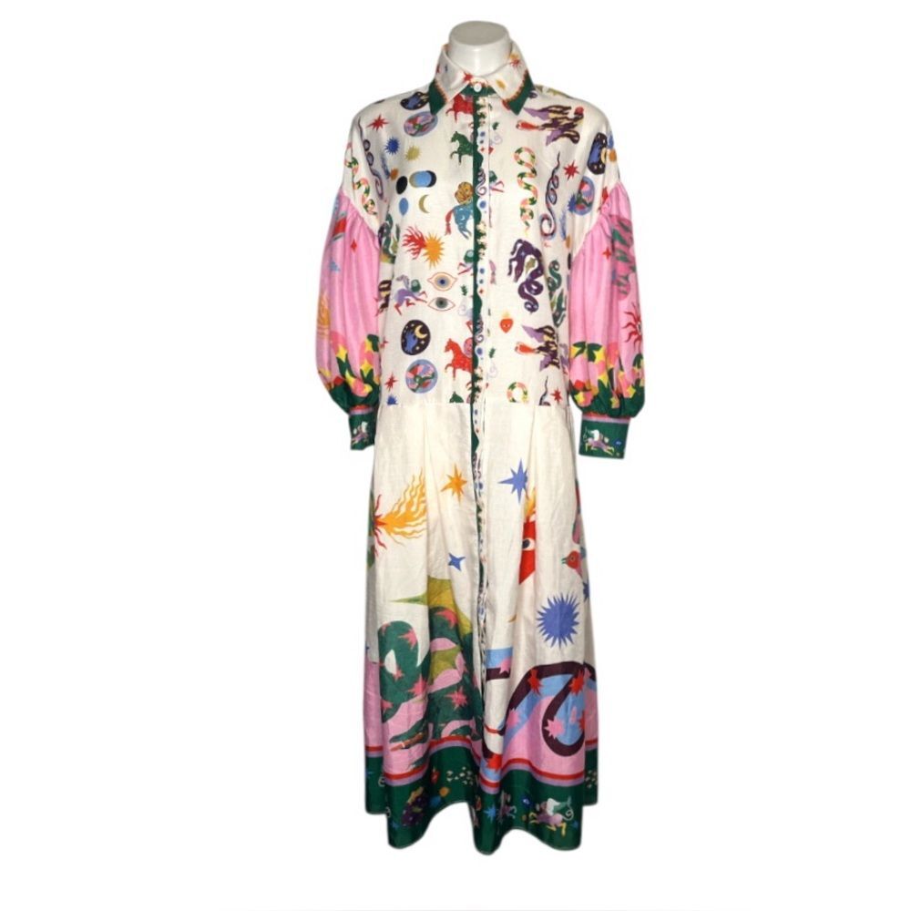 HANDMADE Multi Print Shirt Dress Balloon Sleeve Boho AOP Full Button Front